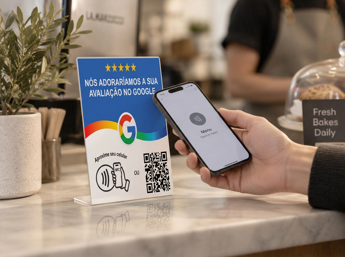 Cliente aproximando o celular da plaquinha com NFC