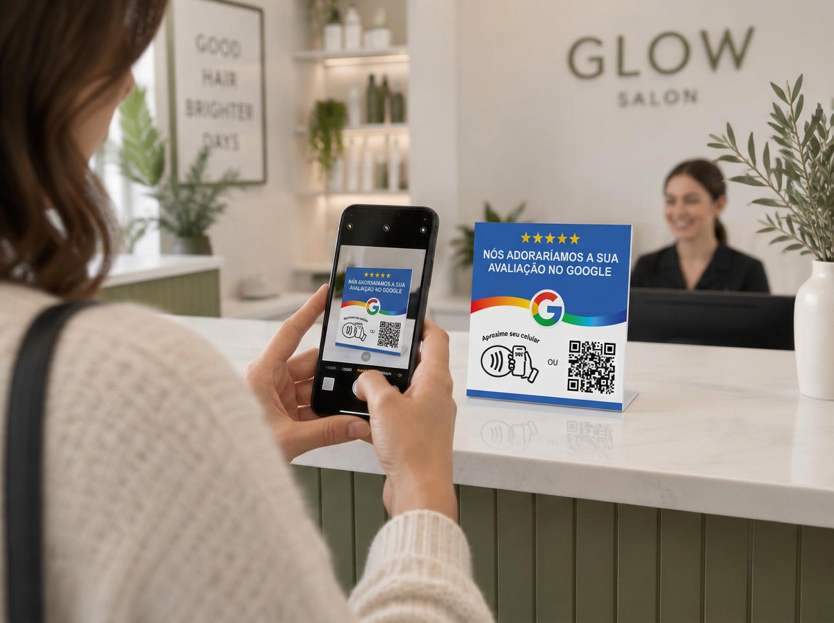 Cliente escaneando o QR Code da plaquinha com a câmera do celular
